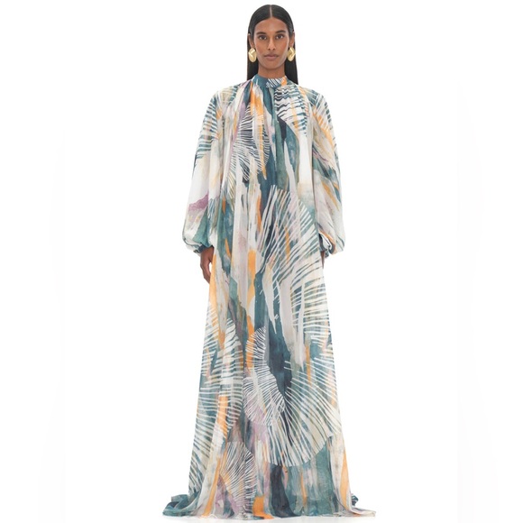 NWT Andrea Iyamah Sade Cover Up Chiffon Maxi Dress Size S/M (US 6-10) Blue/Gold - Picture 16 of 16
